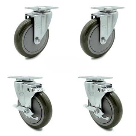 Service Caster 5 Inch Gray Polyurethane Wheel Swivel Top Plate Caster Set with 2 Brakes SCC SCC-20S514-PPUB-TP2-2-TLB-2